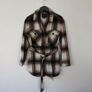 Sanctuary Oversized Plaid Shacket Jacket Size Small Belted Wool Blend